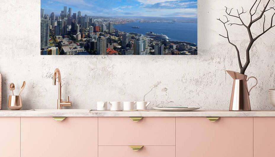 Panoramic view of Seattle Bell Harbor Marina and Seattle financial downtown skyline panorama by Elijah Lovkoff
