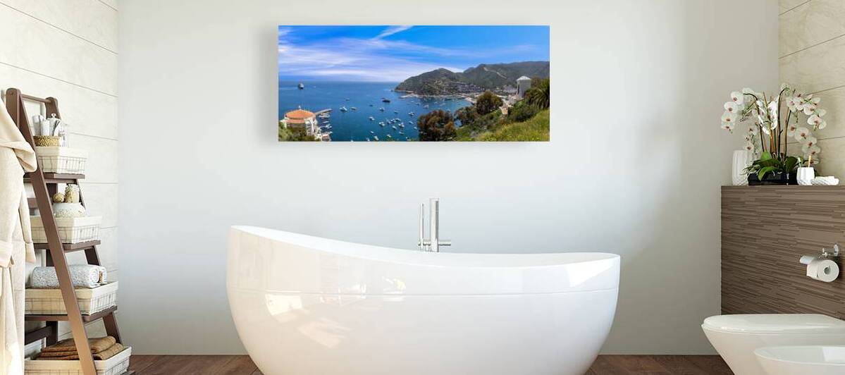 Panoramic view of Catalina Island Bay and Avalon city in California. Famous resorts and travel tourism attraction by Elijah Lovkoff