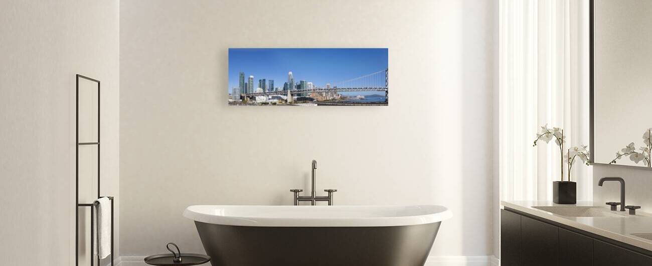 Panoramic San Francisco financial district skyline in city downtown with Oakland Bay Bridge by Elijah Lovkoff
