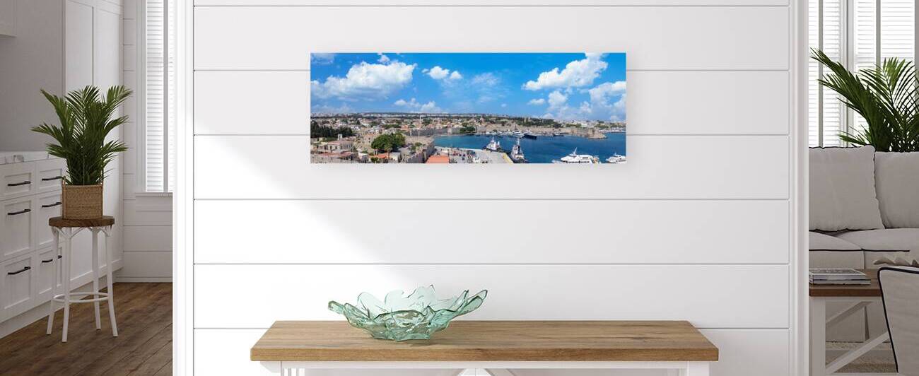 Greece travel destination panoramic skyline view of Rhodes historic city and island by Elijah Lovkoff