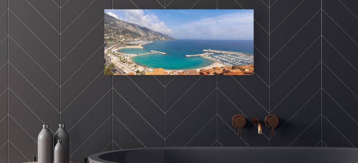 Scenic panoramic view of Menton seashore promenade and historic city in French Riviera Cote D azur by Elijah Lovkoff