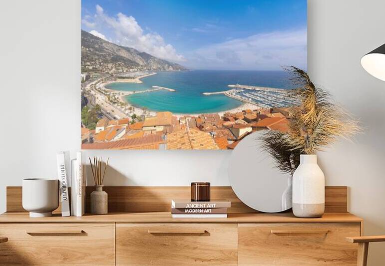 Scenic panoramic view of Menton seashore promenade and historic city in French Riviera Cote D azur by Elijah Lovkoff
