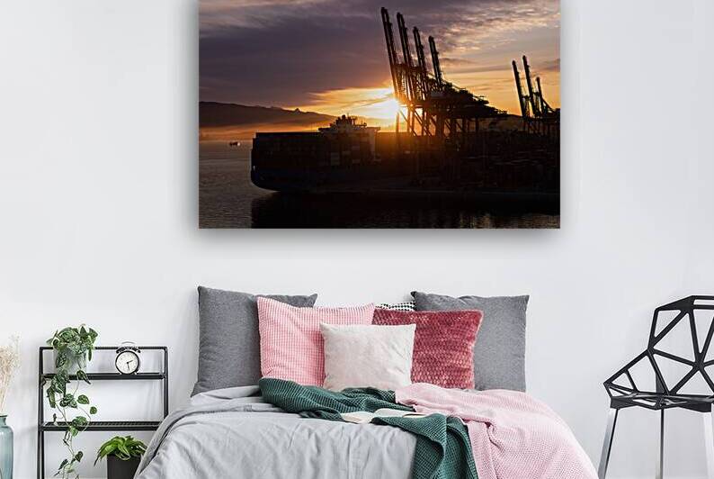 Panoramic skyline view of Vancouver international industrial port with freight and shipment docks by Elijah Lovkoff