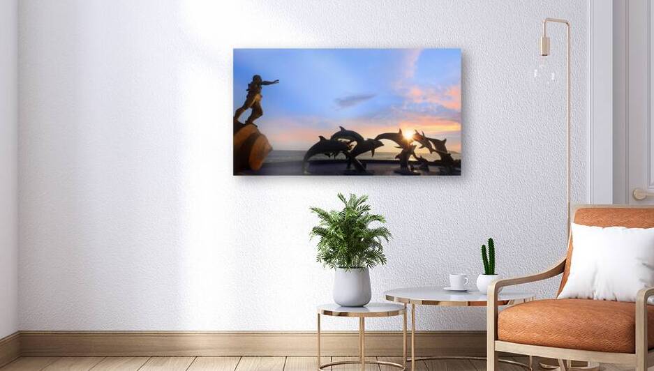 Dolphin silhouettes at Mazatlan sea promenade El Malecon near tourist beaches and scenic landscapes by Elijah Lovkoff