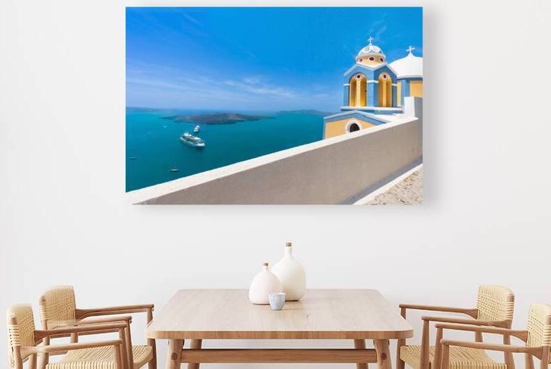 Greece Islands scenic panoramic sea views of Santorini island from top outlook of Fira village by Elijah Lovkoff