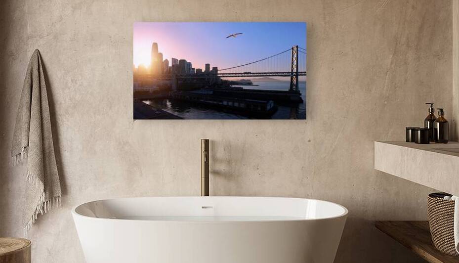 Panoramic San Francisco financial district skyline in city downtown with Oakland Bay Bridge by Elijah Lovkoff