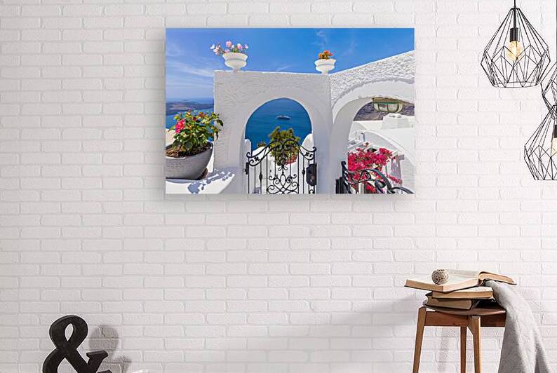 Greece Islands scenic panoramic sea views of Santorini island from top outlook of Fira village by Elijah Lovkoff