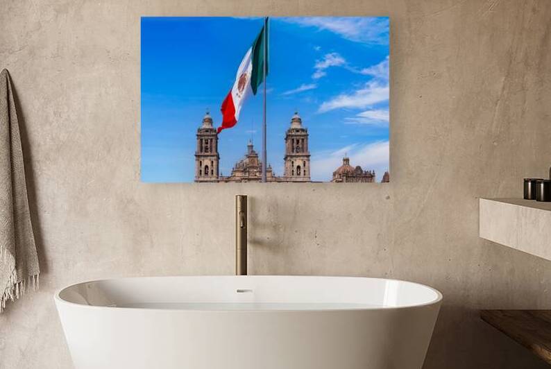 Mexican flag in Zocalo Constitution Square. Mexico city Metropo by Elijah Lovkoff