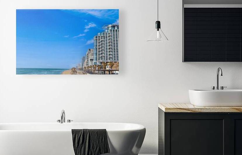 Scenic Israel Tel Aviv coastline seashore promenade with hotels and beaches near Old Jaffa port by Elijah Lovkoff