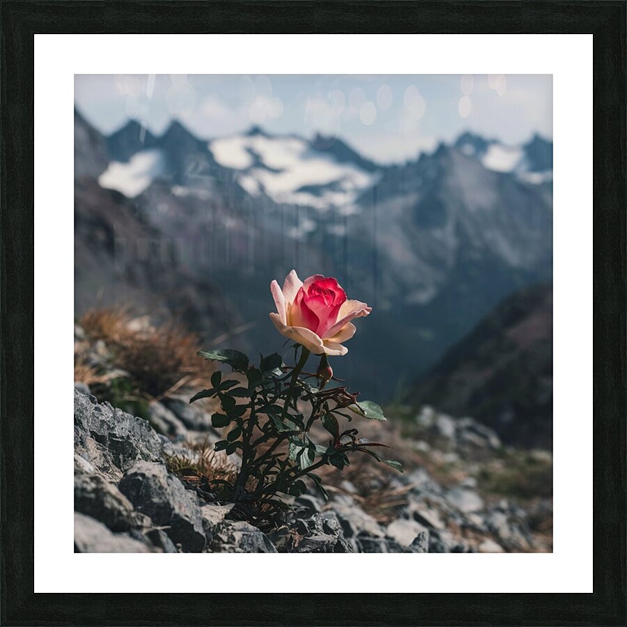 nestled amidst a rugged mountain landscape a soli Picture Frame print