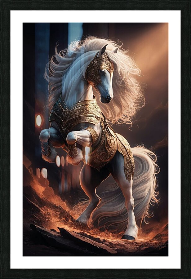 majestic white maned stallion powerful stance int Picture Frame print