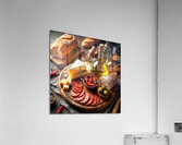 A wooden board with a variety of foods such as ch 1715187976.0502 Acrylic Print