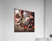 300 acorns and leaves on wooden table with copy s Acrylic Print