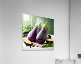 266 Two fresh eggplants on a white table and gree Acrylic Print