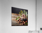 301 acorns and leaves on wooden table with copy s Acrylic Print