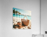 353 Bag with straw hat on the white sand on the t Acrylic Print