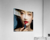 386 Women s red lipstick on blue background femin Acrylic Print