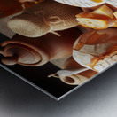 A wooden board with a variety of foods such as ch 1715187971.1457 Metal print