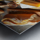 A wooden board with a variety of foods such as ch 1715187976.0502 Metal print