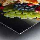 A wooden board with a variety of foods such as ch 1715187951.3367 Metal print