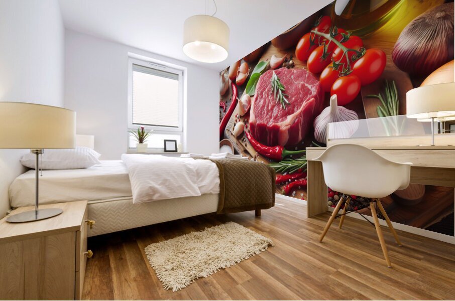 fresh raw steak meat on wooden board with rosemar 1714412266.5902 Mural print