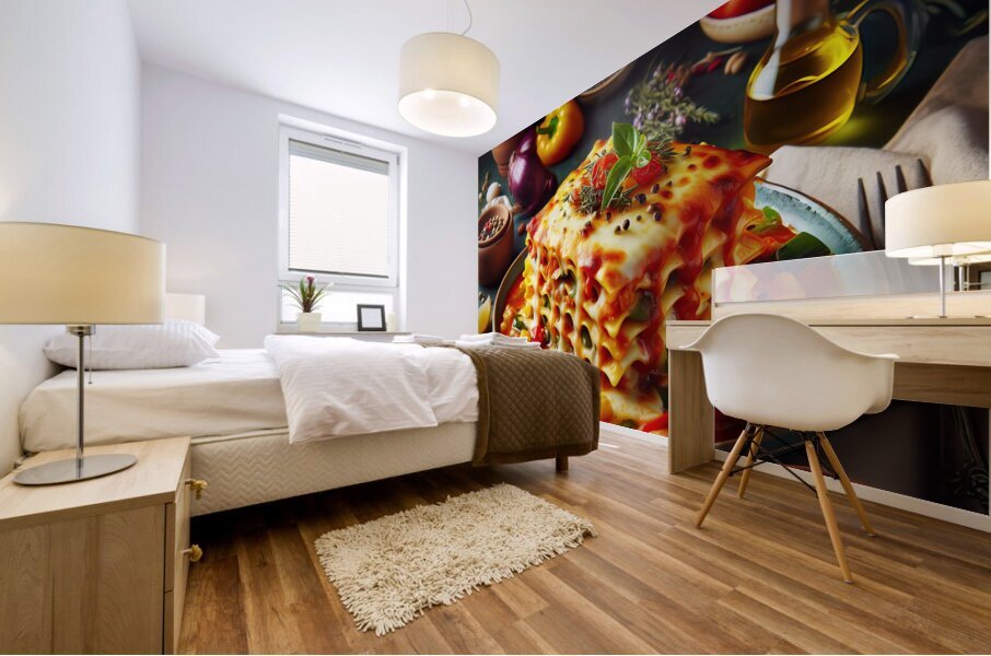 a plate of lasagna on a table with exquisite deco 1714414426.2011 Mural print