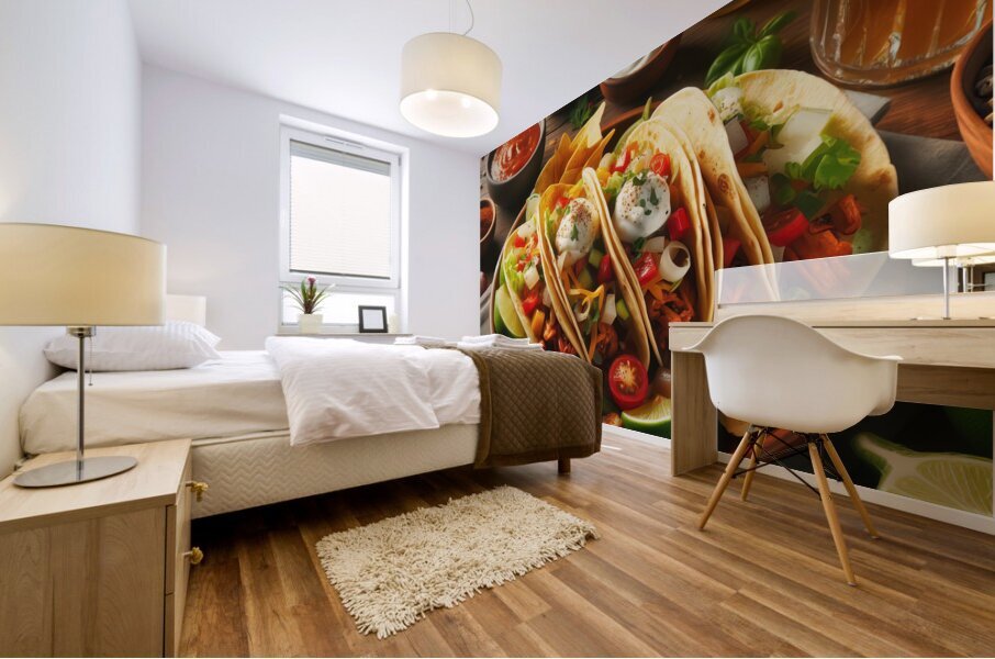 Delicious tacos on a plate placed on wooden table 1714682781.6397 Mural print