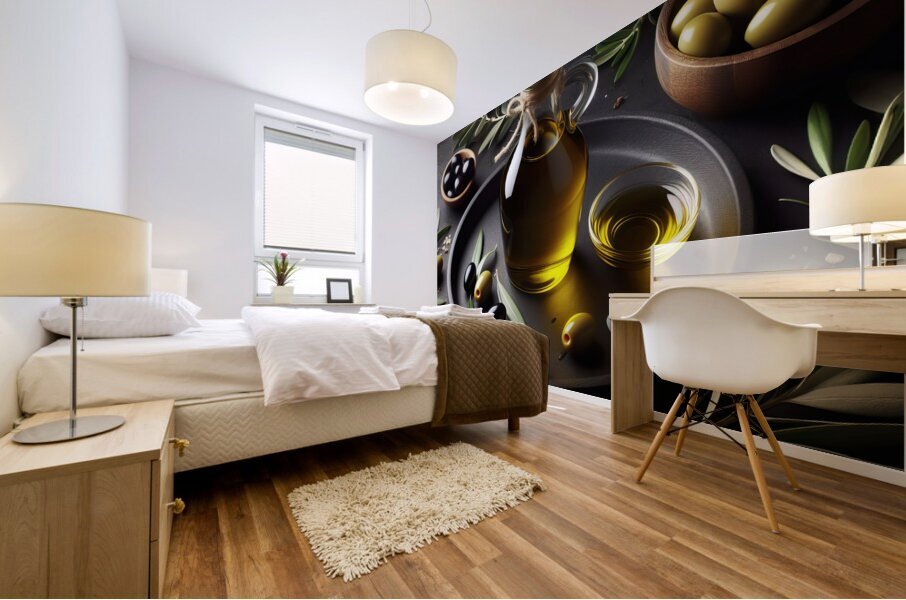 a bottle of extra virgin olive oil on a rustic ba 1714940180.9181 Mural print