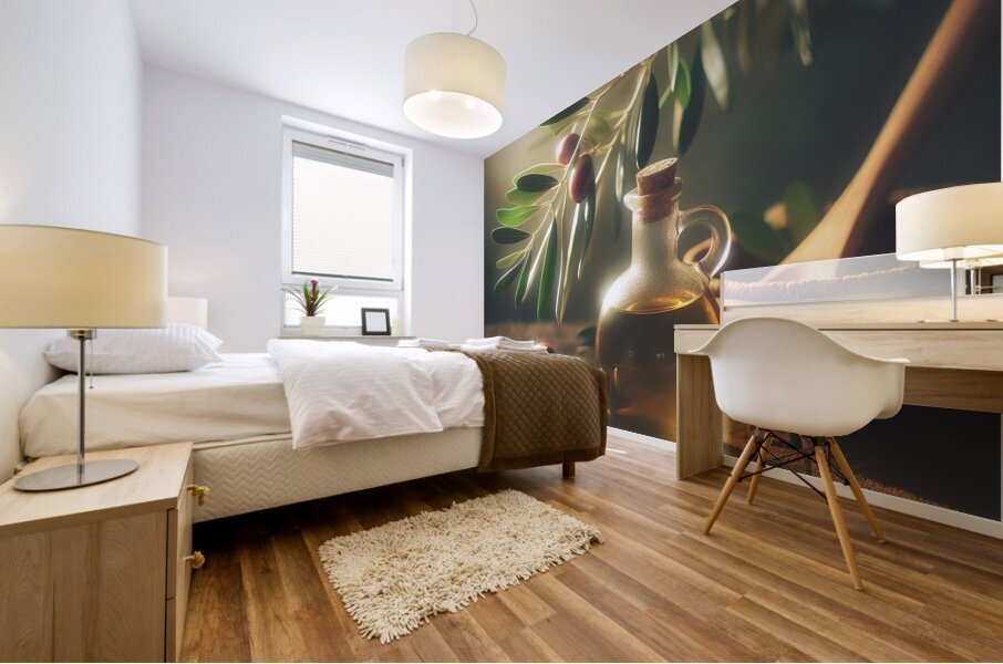 a bottle of extra virgin olive oil on a rustic ba 1714940152.7975 Mural print