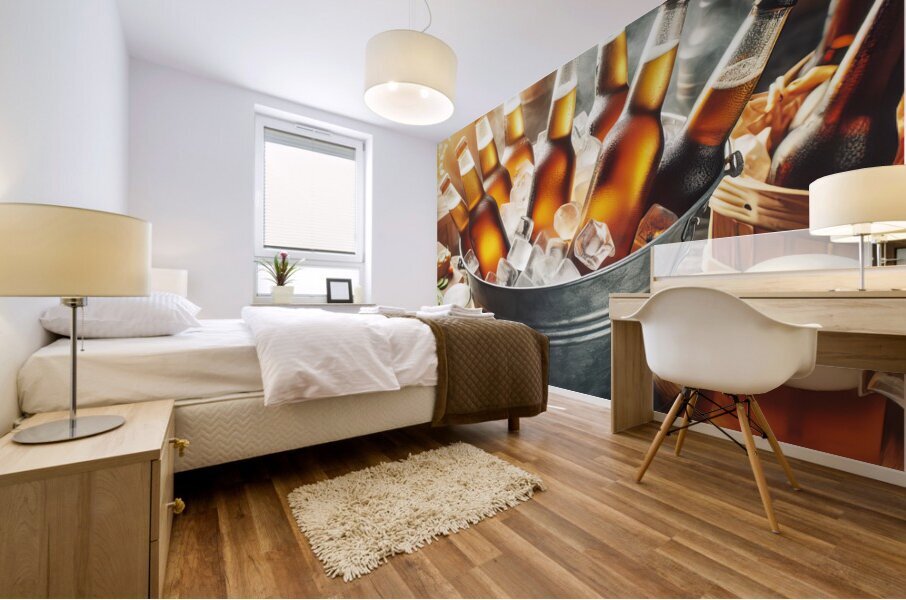 Metal bucket with beer bottles and ice cubes 17.j Mural print