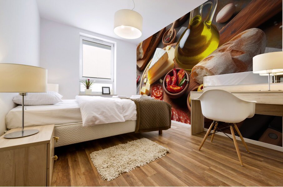 A wooden board with a variety of foods such as ch 1715187976.0502 Mural print