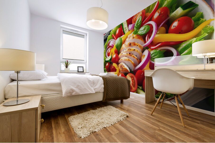 Chicken salad with tomato lettuce on wooden board 1715271954.6278 Mural print