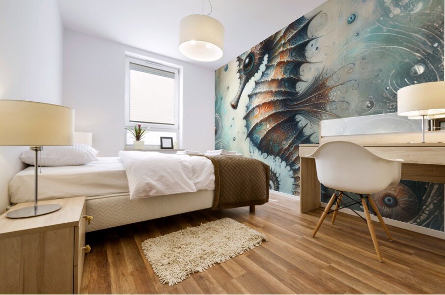 292 Mixed media painting of a whimsical seahorse. Mural print