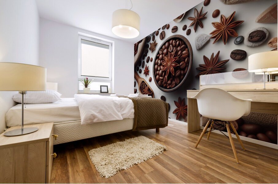 49 Coffee beans isolated top view white backgroun Mural print