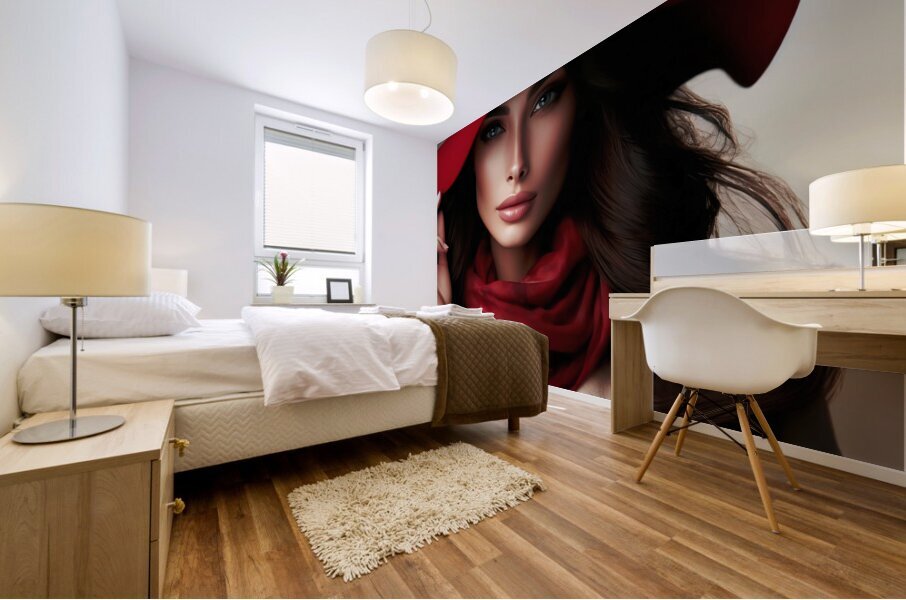 56 Elegant Woman in Red Hat and Scarf Mural print