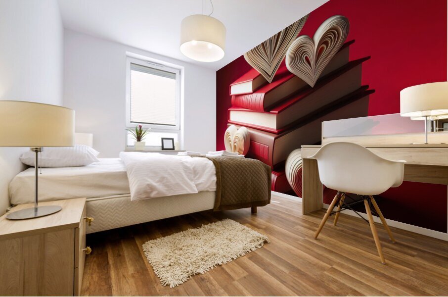 93 Heart Shaped Book Stack on Red Mural print