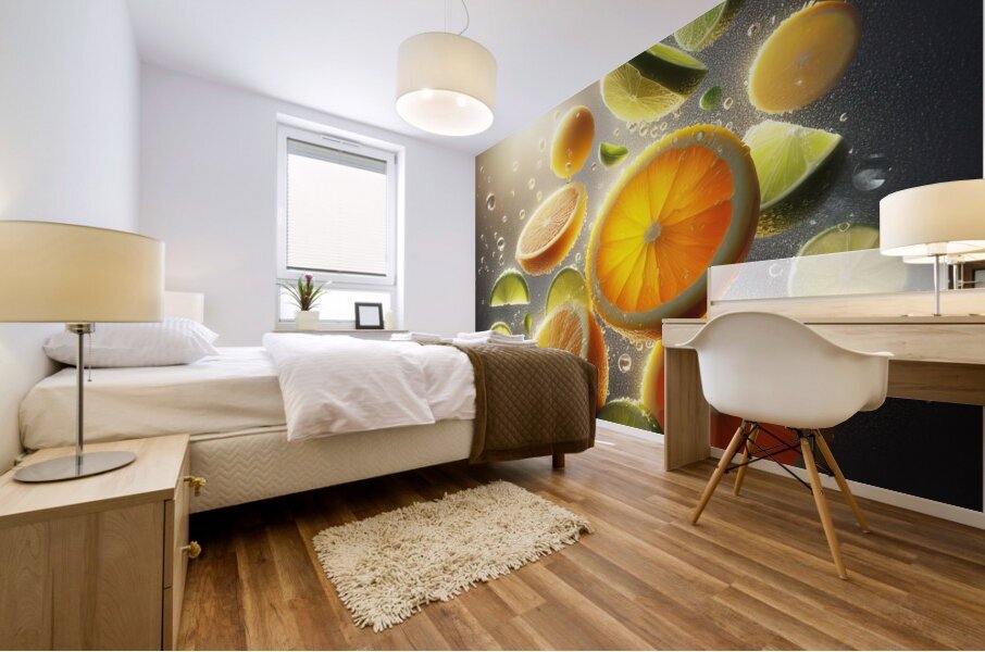 125 citrus slices floating in the air Mural print