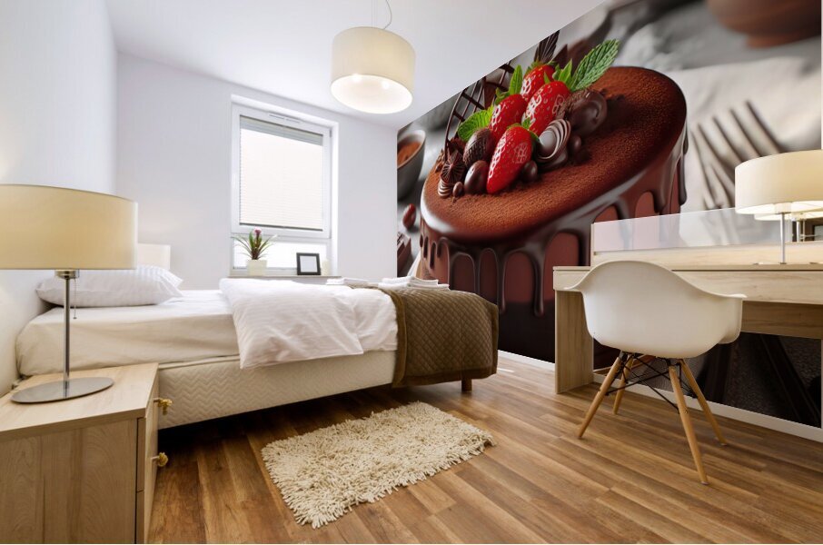 226 Chocolate cake with red berries and fruitscho Mural print