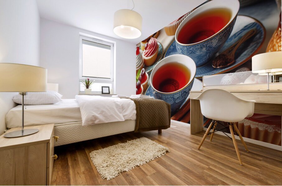 268 Two cups of red tea with cakes and sweets on Mural print