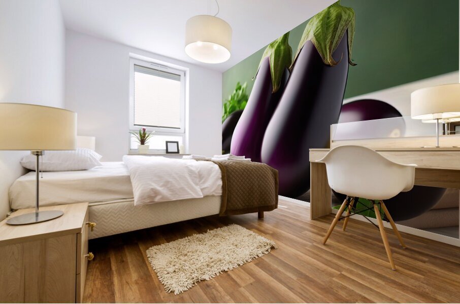 266 Two fresh eggplants on a white table and gree Mural print