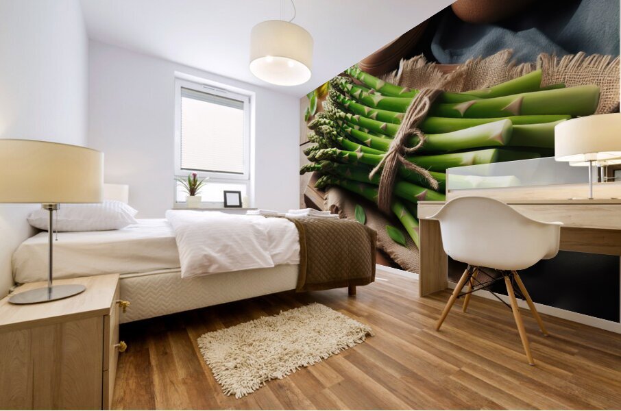 311 fresh thin green asparagus on a wooden table. Mural print