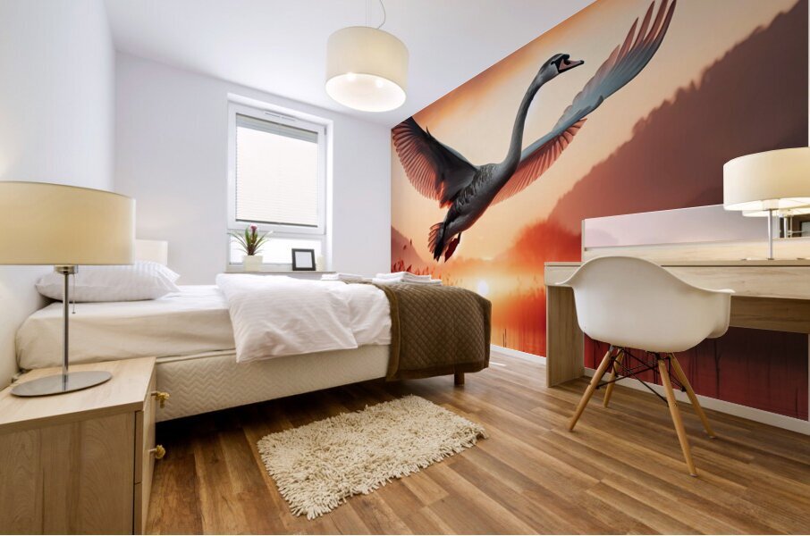 422 A grey swan Flying Through the Air With Its W Mural print