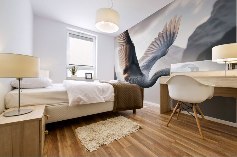424 A grey swan Flying Through the Air With Its W Mural print