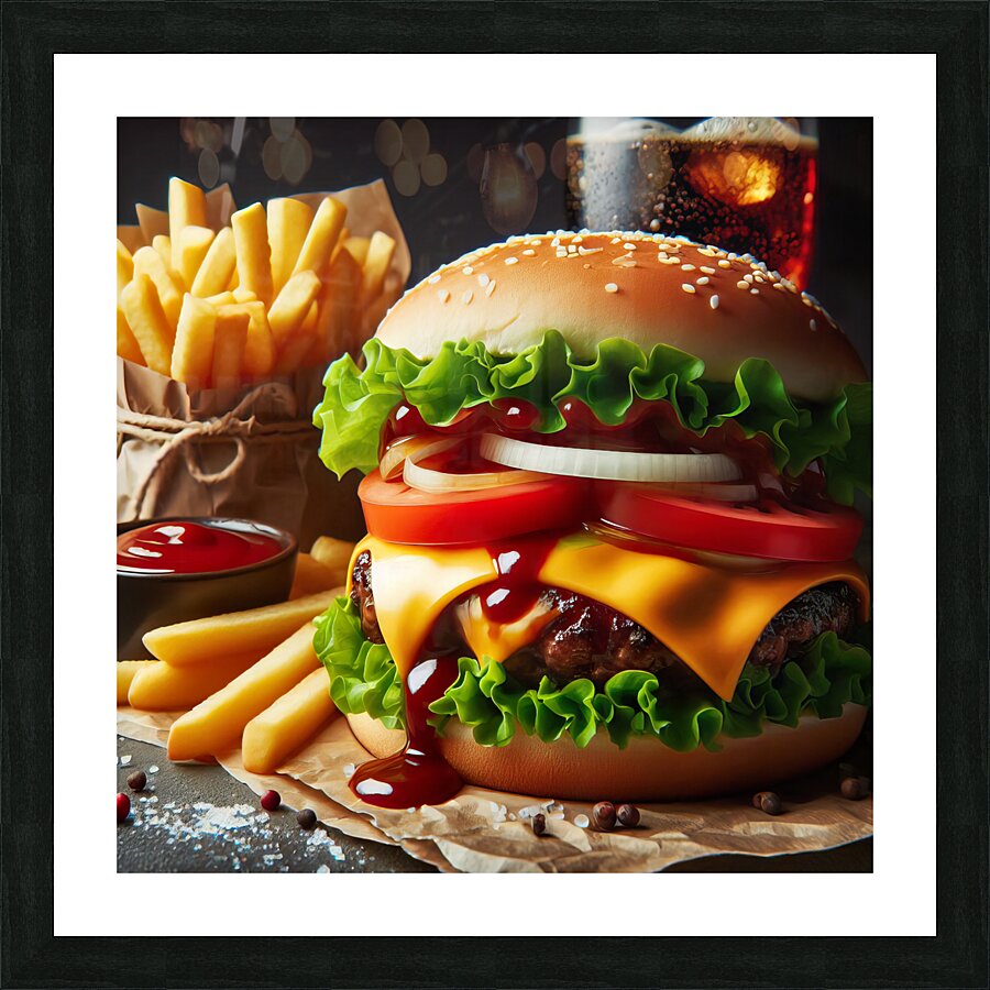 Hamburger french fries and drink on white 4 Picture Frame print