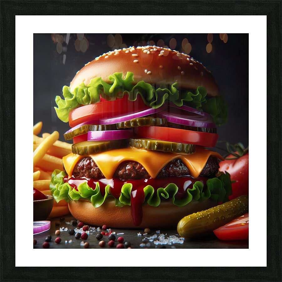 Hamburger french fries and drink on white 7 Picture Frame print