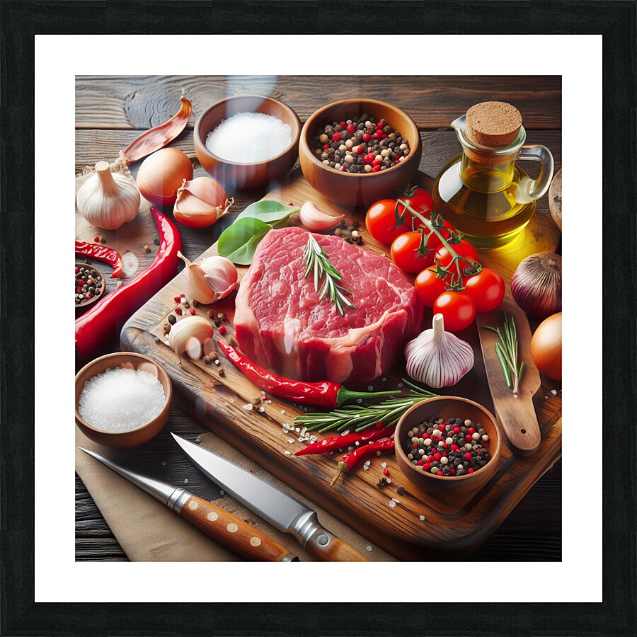 fresh raw steak meat on wooden board with rosemar 1714412266.5902 Picture Frame print