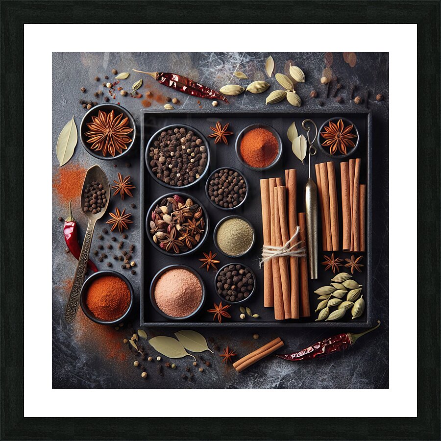Spices on black background 3 Picture Frame print