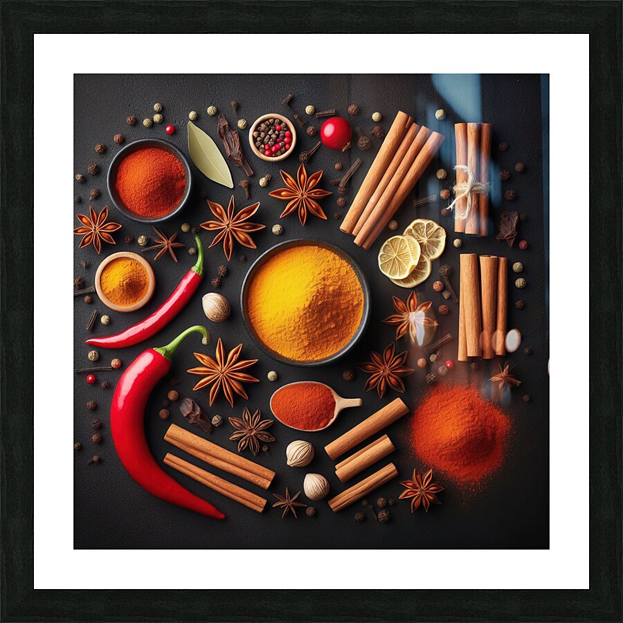 Spices on black background 2 Picture Frame print