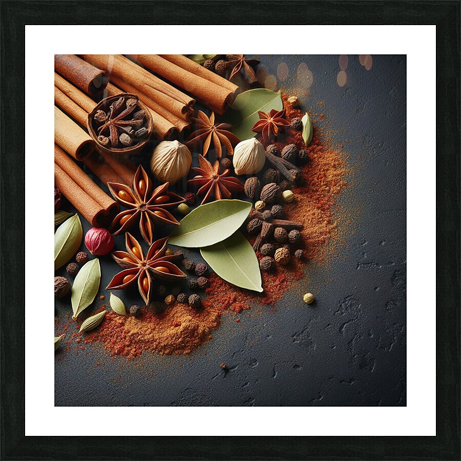 Spices on black background 12 Picture Frame print