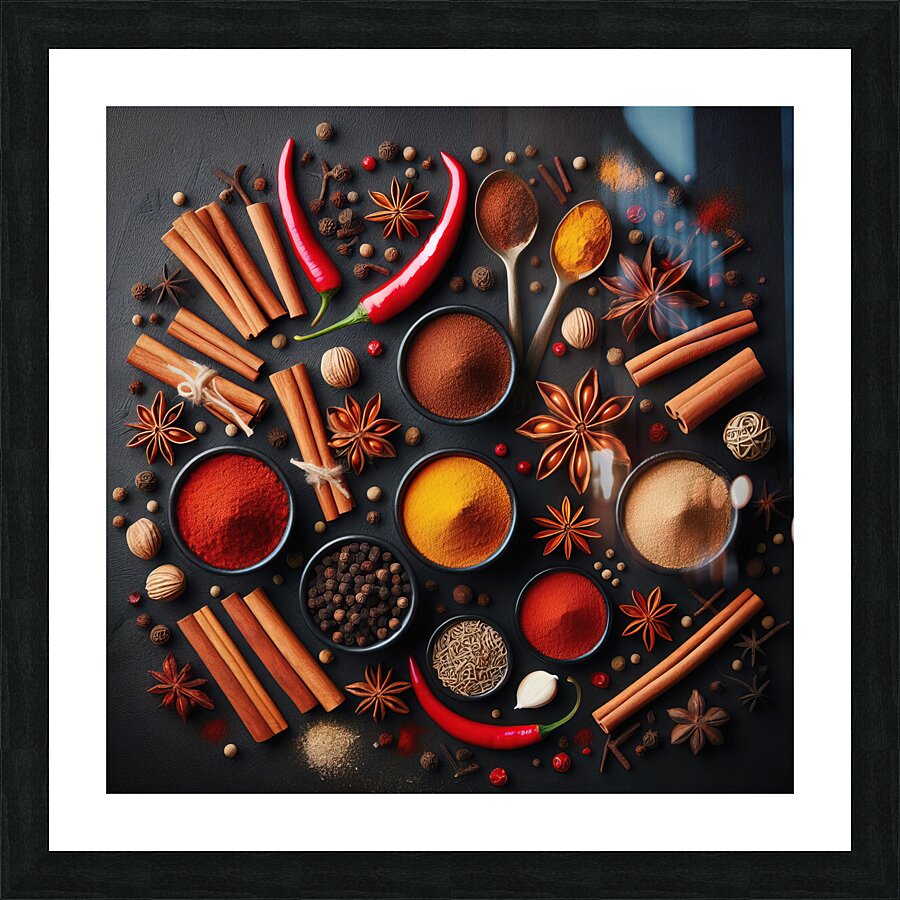 Spices on black background 1 Picture Frame print